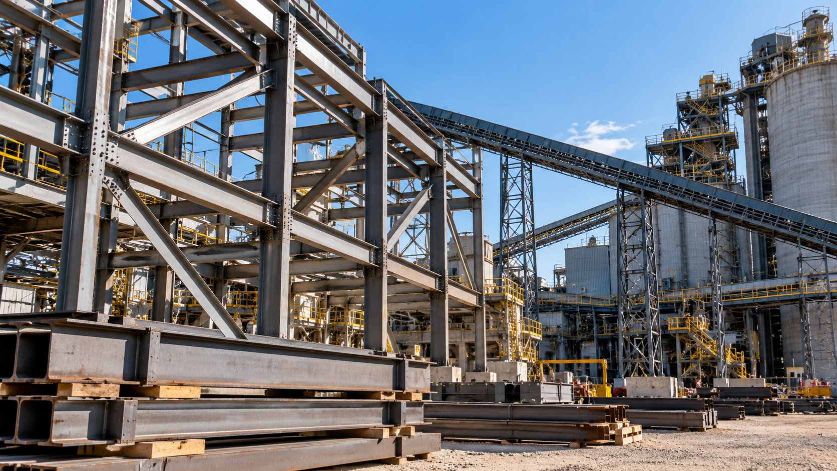 Structural steel frame erection with stacked steel beams at an industrial site