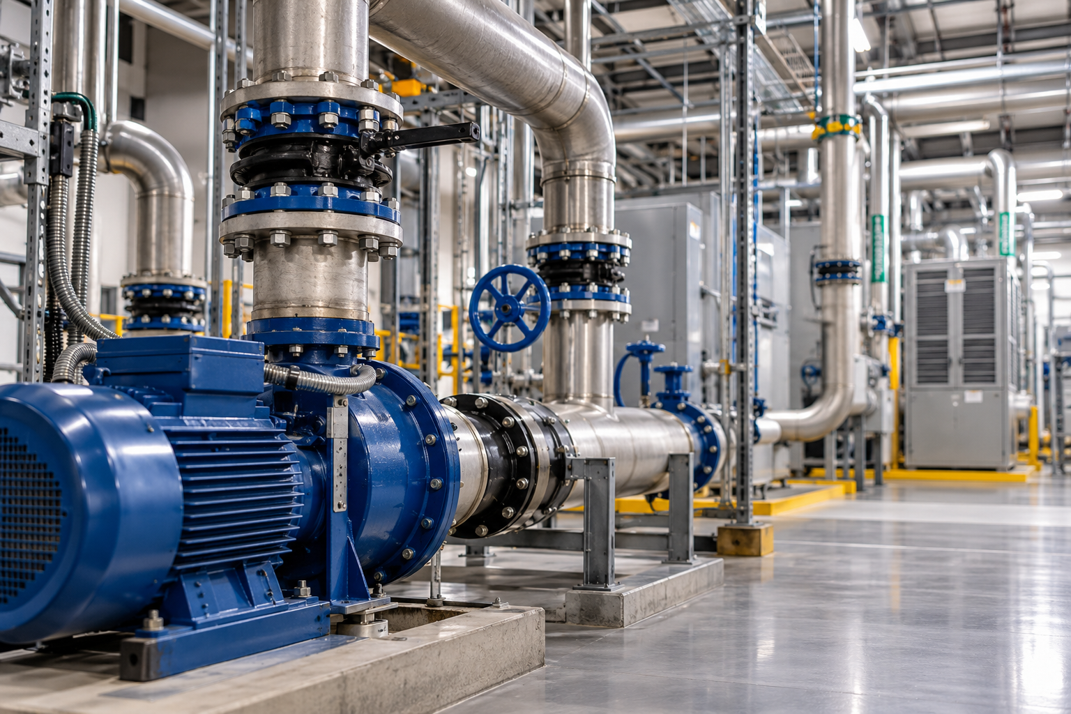 Blue industrial pump and stainless steel piping in a maintained mechanical room