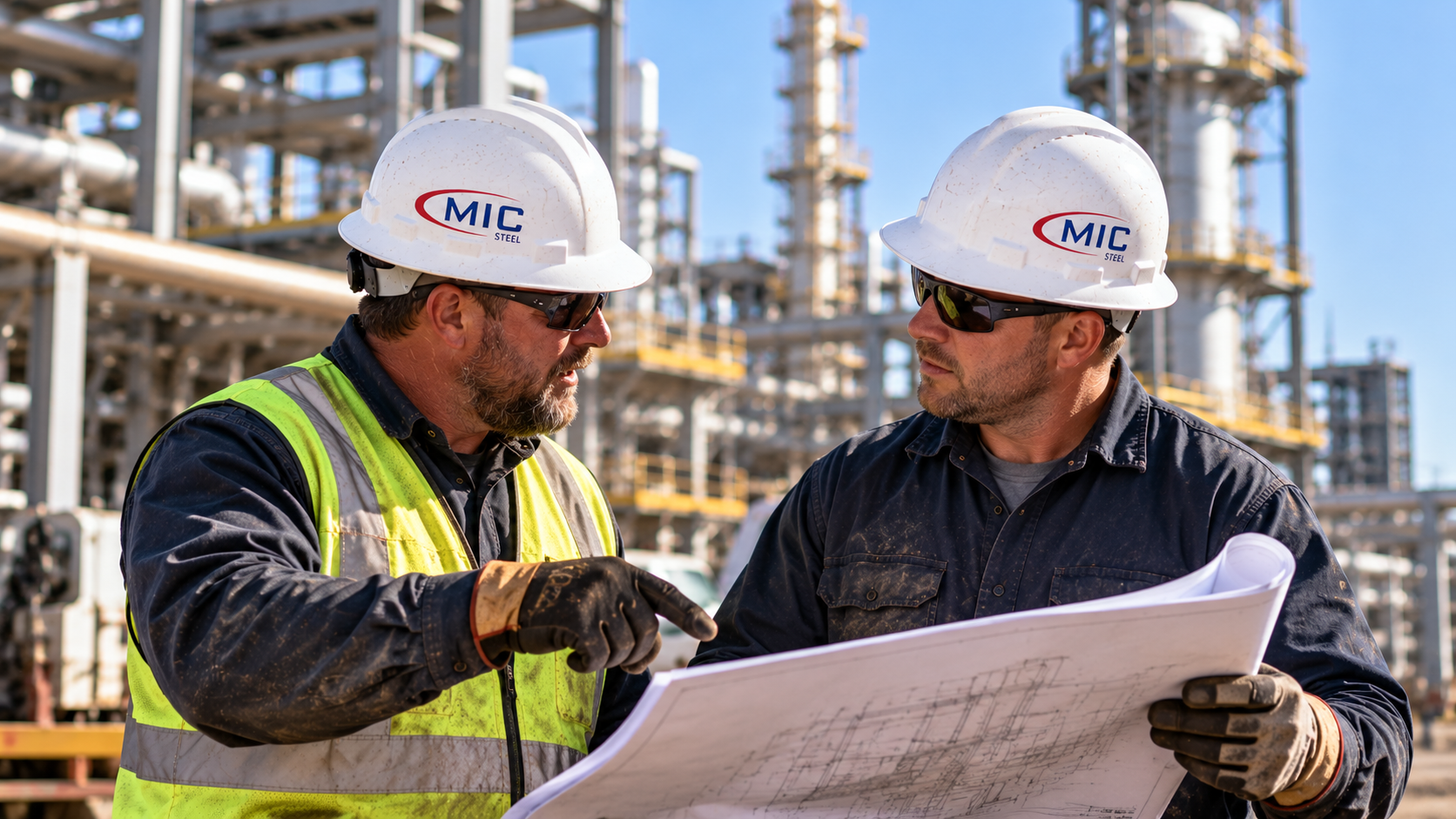MIC Steel crew members discussing industrial project plans