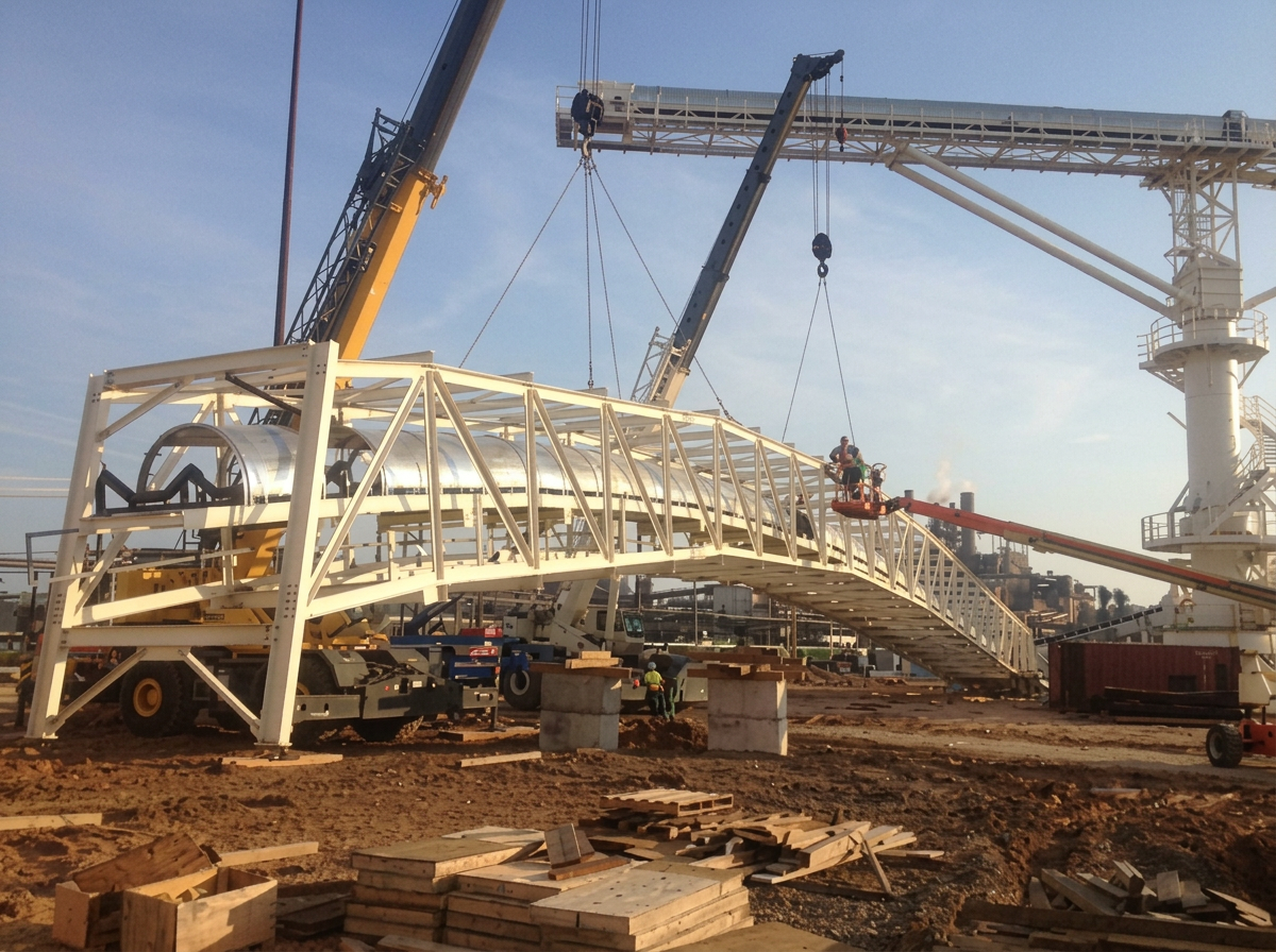 Crane installation of a steel conveyor structure at an industrial project